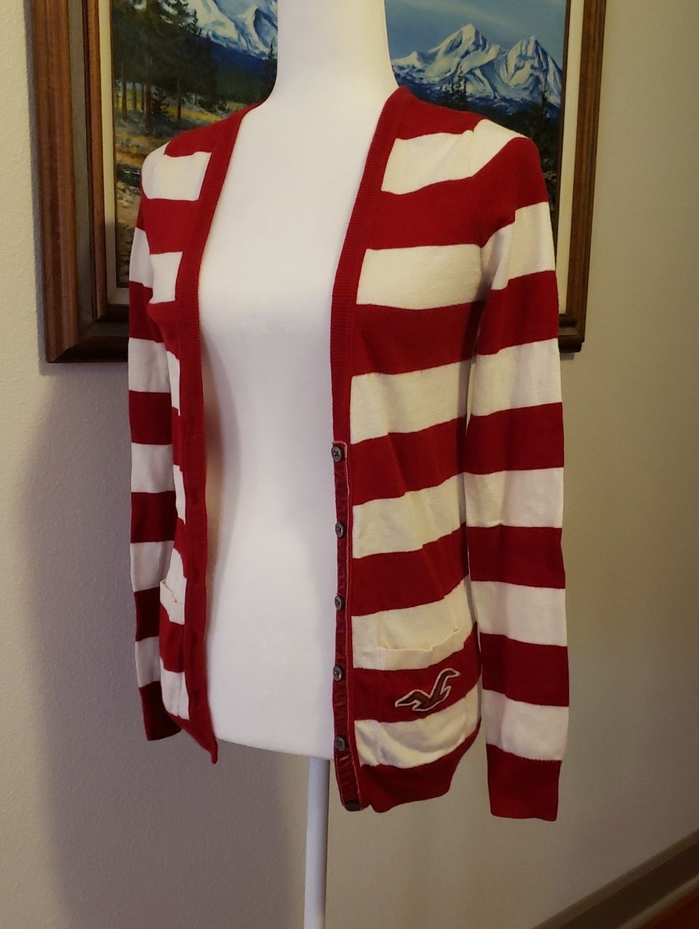 Hollister Women's size Small Red and White Striped Cardigan.